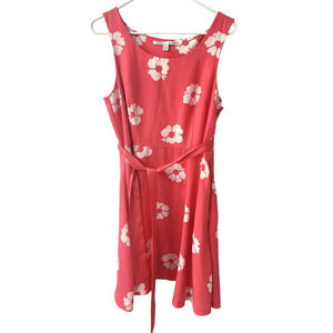 Lauren Conrad Coral Sleeveless Dress with Cream Flowers & Tie at Waist - Size 14